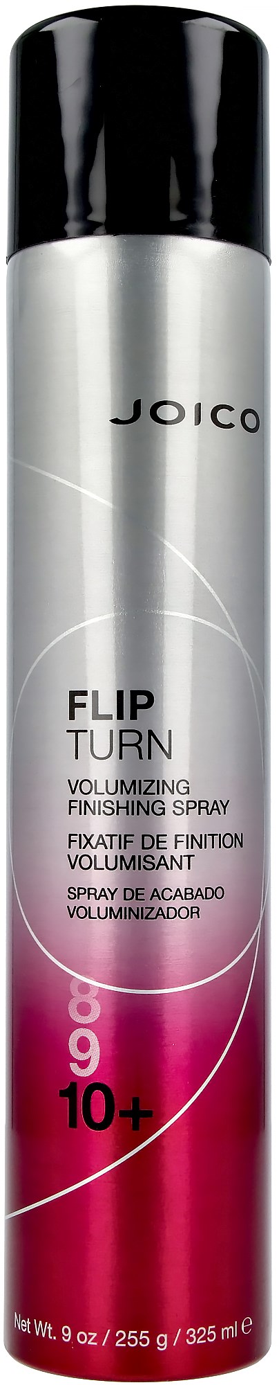 En sylinderformet sprayboks med svart lokk, sølv- og rosa etikett, og merkenavnet Joico, for hårfinish.