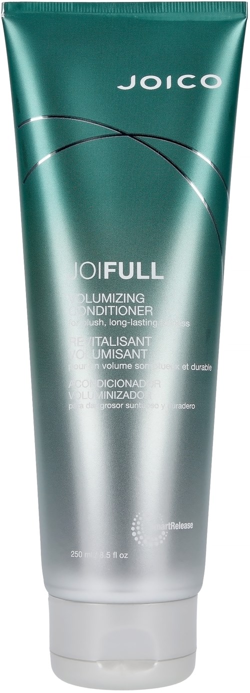 Eine grüne und silberne Tube mit Joico-Haarspülung, Produktdetails und Branding.