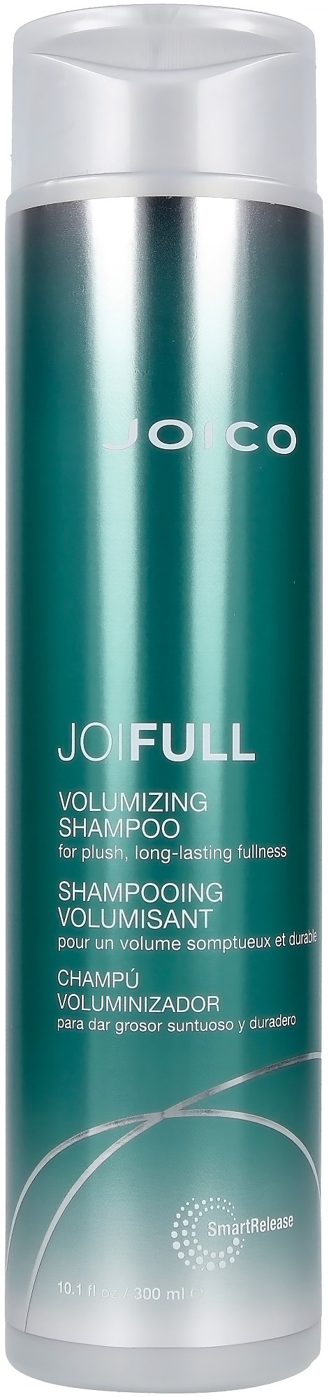 Eine lange, türkisfarbene Shampoo-Flasche mit weißem Deckel, beschriftet 'JOIFULL' mit Produktdetails in mehreren Sprachen.