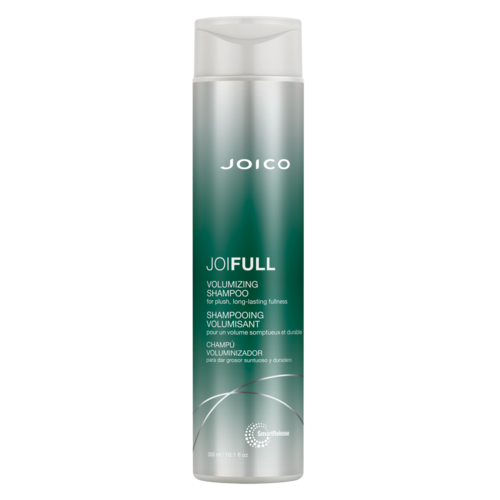 Eine lange, zylindrische Flasche mit JOICO JOIFULL Volumen-Shampoo, weißer Deckel und grün-blauer Farbverlauf.