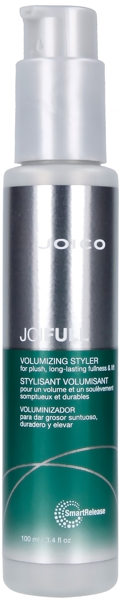 Eine Silber- und Grüne Flasche mit Pumpe, gekennzeichnet als volumengebender Haarstyler.