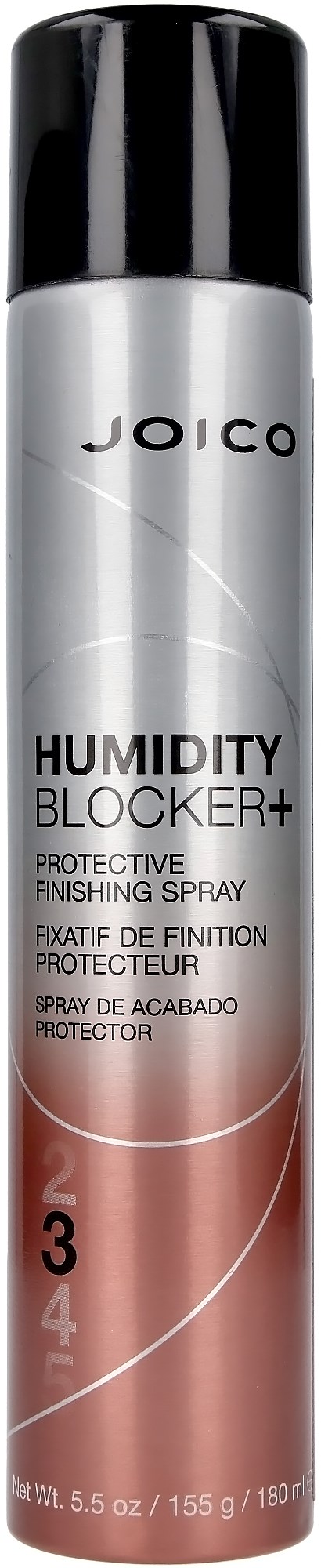 Eine Spraydose mit schwarzem Deckel, gekennzeichnet Joico Humidity Blocker+ für Schutz und Finish.