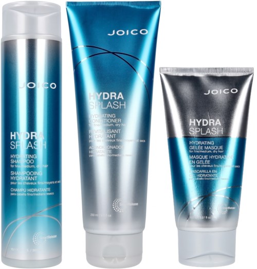 Kolme Hydra Splash -hiustenhoitotuotetta: shampoo, hoitoaine ja naamio, pakkaukset sinisiä ja hopeisia.