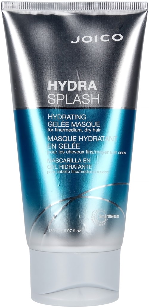Een tube van Joico Hydra Splash Hydrating Gelée Masque voor droog of medium haar. Zilveren en blauwe kleuren met tekst.