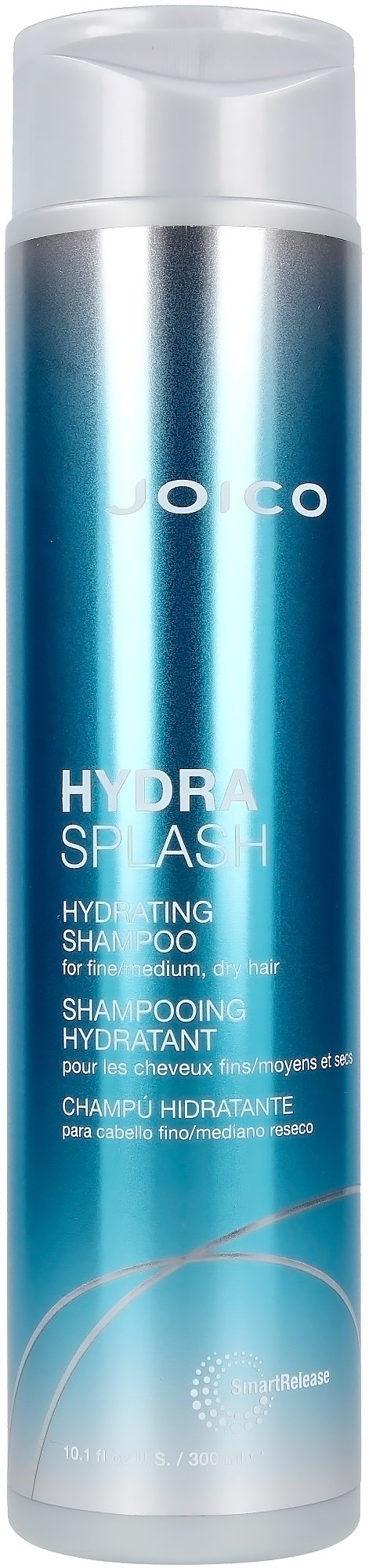 Een lange blauwe en witte fles van Joico Hydrasplash Hydrating Shampoo met witte dop.