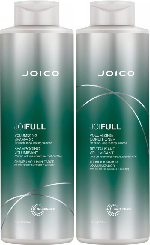 Kaksi hopeanväristä pulloa Joico JOIFULL volyymisaippua ja hoitoaine, joissa valkoiset korkit.