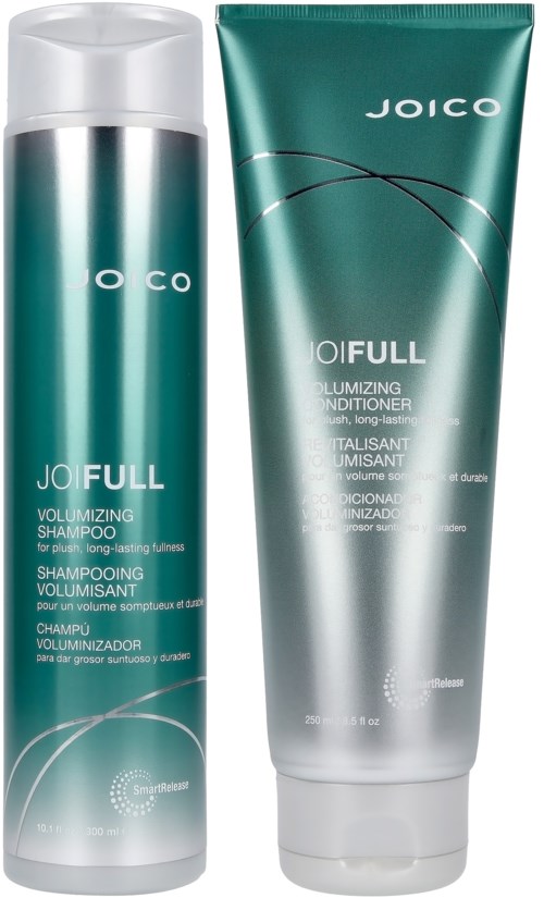 Zwei Haarpflegeprodukte, Shampoo und Conditioner, in grüner Verpackung mit weißem Text. Sie sind für Volumen und langanhaltende Frische.