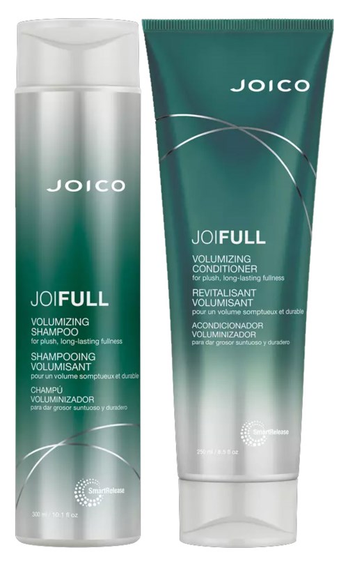 Zwei Haarpflegeprodukte, ein Shampoo und eine Spülung, in grünen und weißen Flaschen mit Marke Joico.
