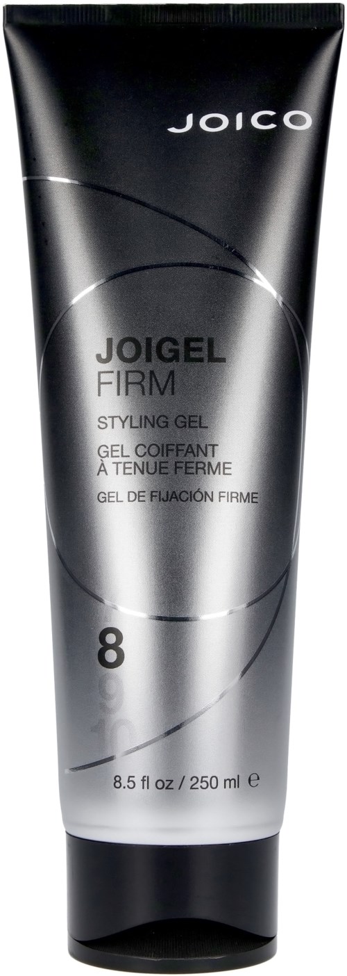 En svart og sølvfarget tube merket 'Joico Joigel Firm' for stylinggel, inneholder 8,5 fl oz, 250 ml.
