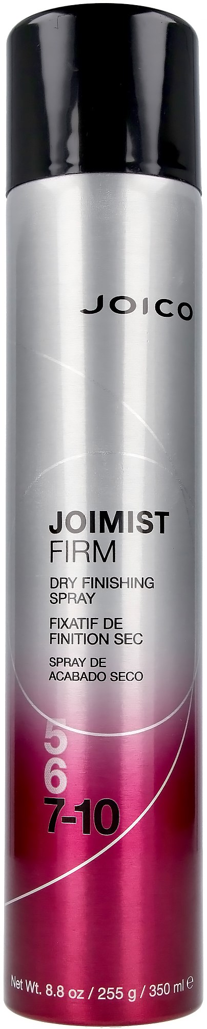 En silver- och svart sprayburk med rosa längst ner, märkt Joico Joimist Firm, för att torka och styla hår.