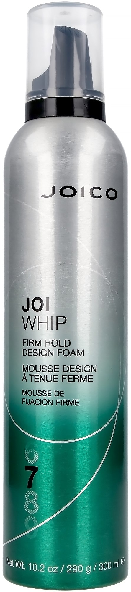 A silver spray bottle with a black cap and a clear top, labeled Joico JOI Whip, for hair care.