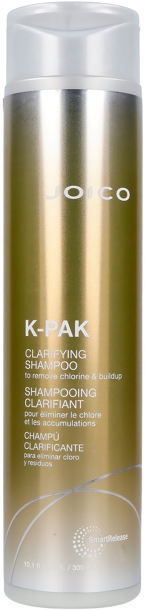 Een lange gouden en witte fles met clarifying shampoo, witte dop, en merknaam zichtbaar.