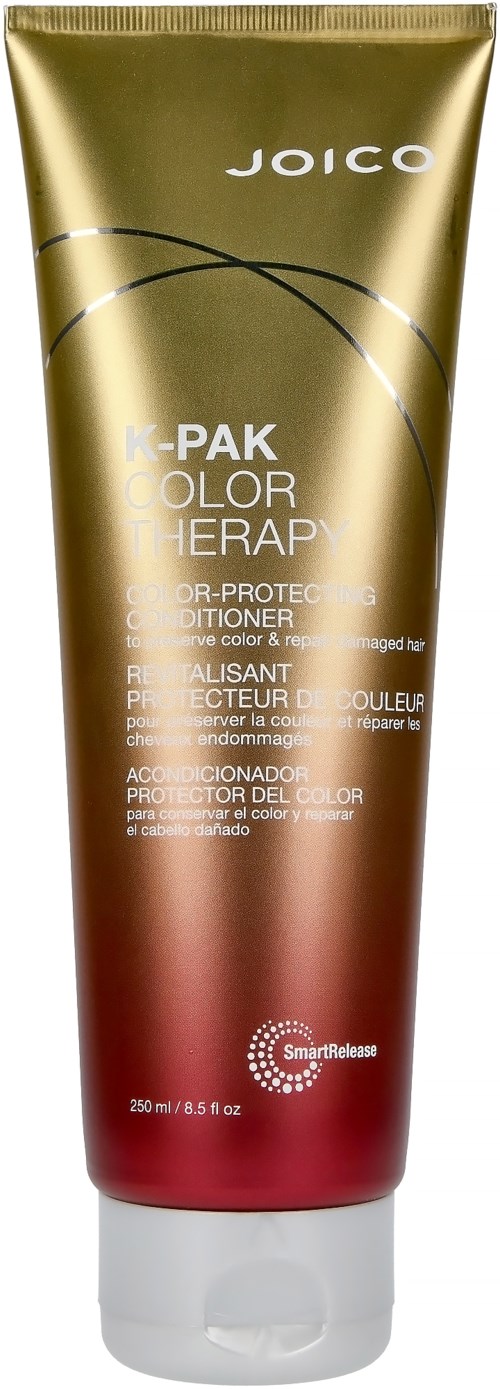A gold and red tube of Joico K-Pak Color Therapy conditioner with white text and a white cap.