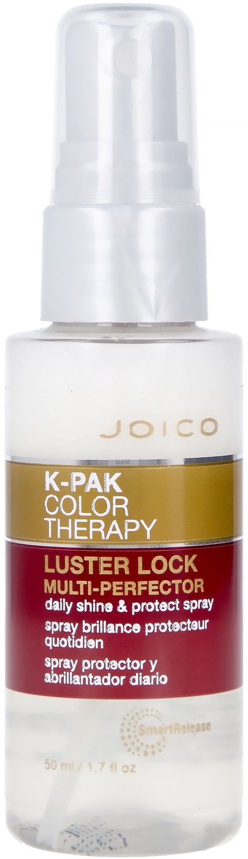 Pieni suihkepullo, jossa lukee Joico K-Pak Color Therapy Luster Lock Multi-Protect päivittäinen kiiltoespray.