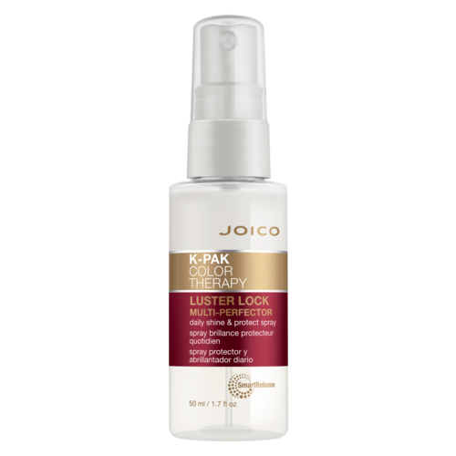 Valkoinen suihkupullo, merkiltään Joico K-Pak Color Therapy Luster Lock, koko 50ml, kirkas suuttimella.