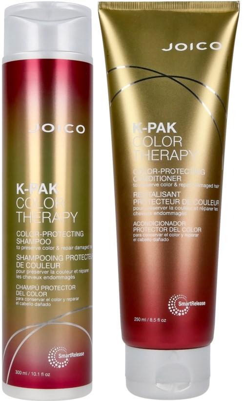 Ein Shampoo- und Conditioner-Set in roten und goldfarbenen Flaschen mit weißen Verschlüssen, beschriftet "Joico K-Pak Color Therapy."