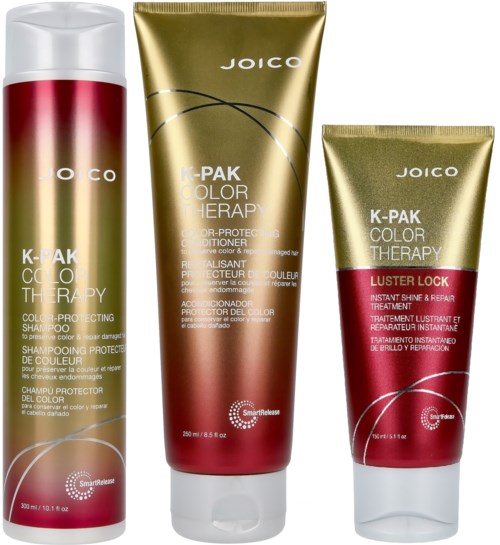 Three hair care products: shampoo, conditioner, and treatment, mainly gold and red, with brand 'Joico' and 'K-Pak' label.
