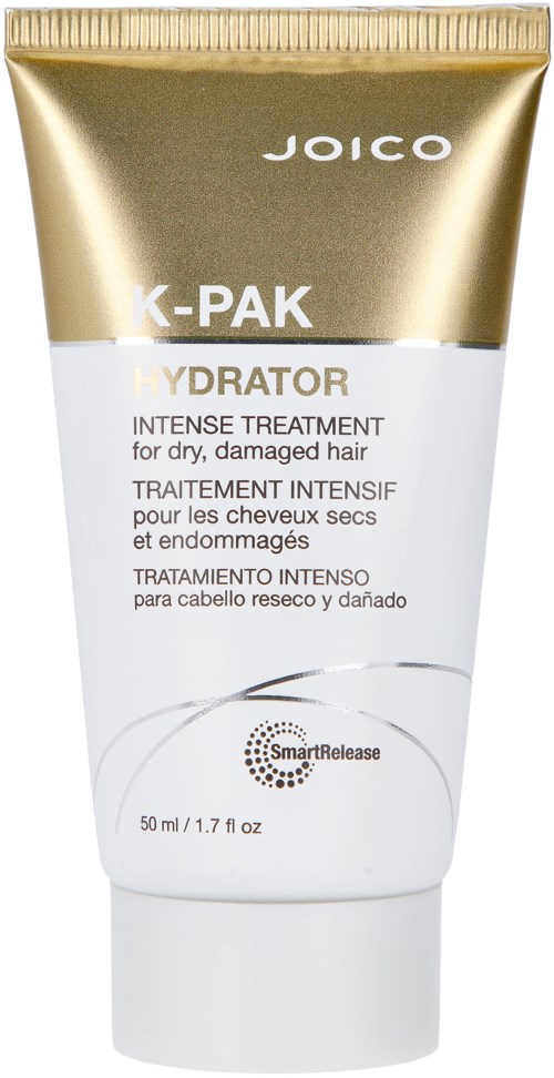 Een tube JOICO K-Pak Hydrator Intensive Treatment voor beschadigd, droog haar, 50 ml, met goud en wit verpakking.