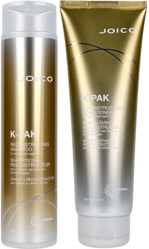 Two gold-colored hair products, a shampoo and conditioner, from the brand Joico, labeled K-Pak. They are standing upright.