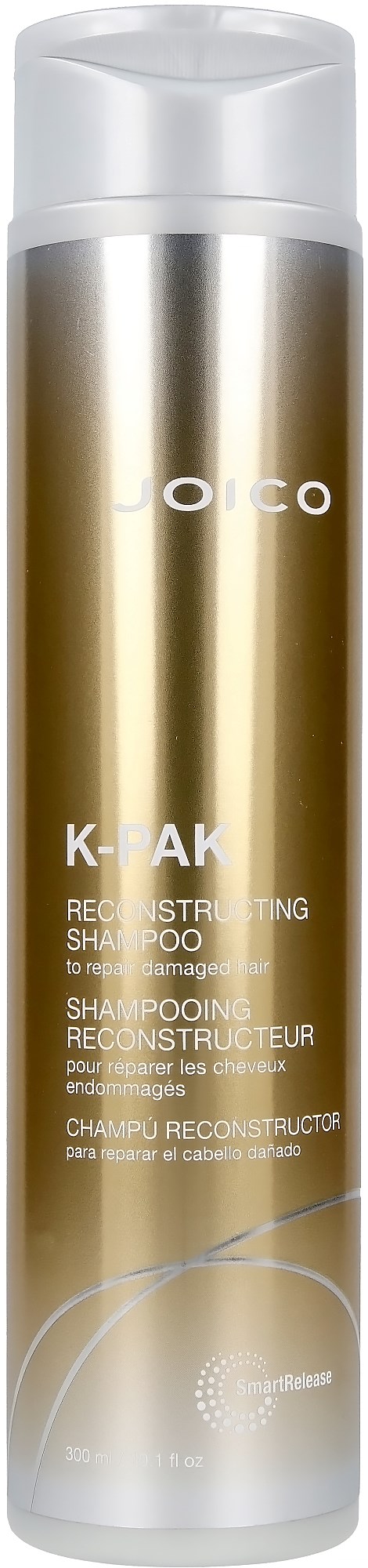 Eine lange, goldfarbene Shampoo-Flasche mit weißem Deckel, beschriftet 'JOICO K-PAK Reconstructor Shampoo'.