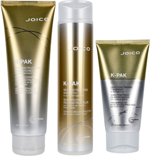 Drei Haarpflegeprodukte in goldener und silberner Verpackung: Conditioner, Shampoo und Behandlung. Alle sind mit K-PAK von Joico gekennzeichnet.