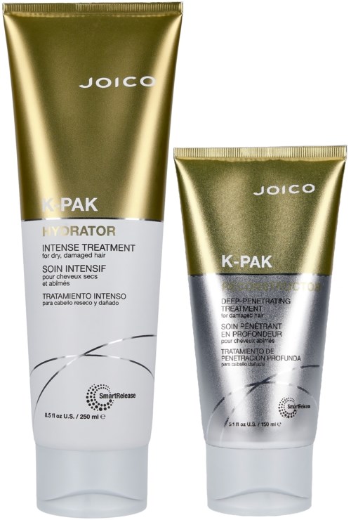 Twee tubes van Joico K-Pak Haarbehandelingen, een voor intensieve behandeling en een voor diepe penetratie.