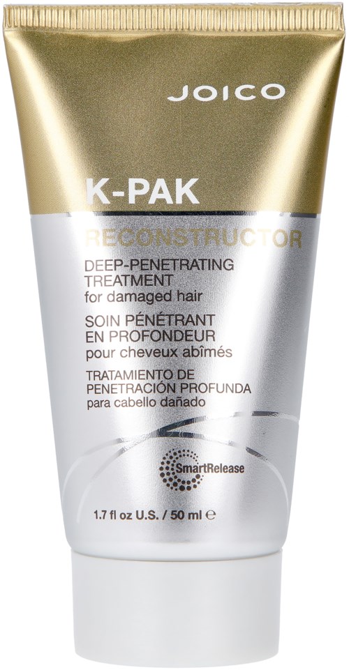 Putki Joico K-Pak Reconstructor -hoitotuotteelle vaurioituneelle hiukselle, kultainen ja hopea värit.