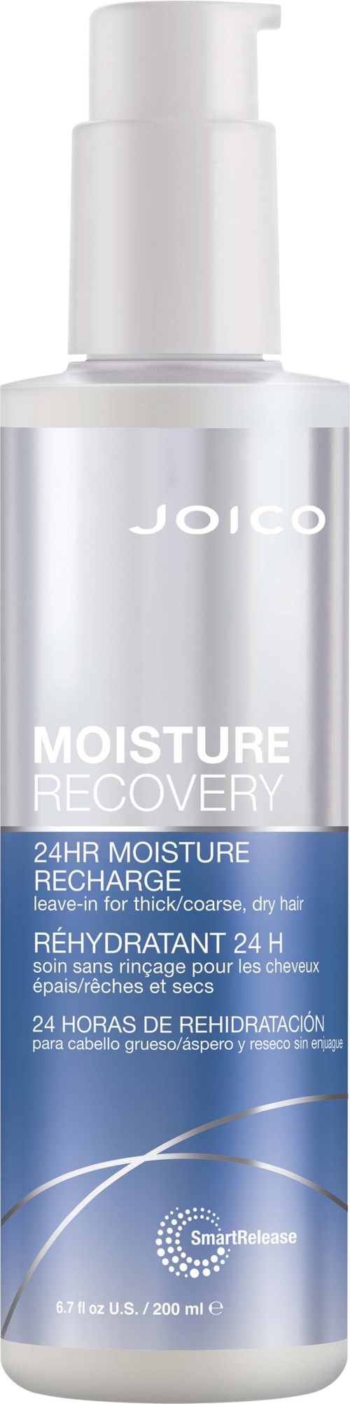 En vit och blå flaska med Joico Moisture Recovery leave-in balsam med pump. Den ger 24 timmars fuktåterfuktning.