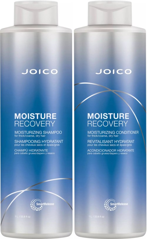 Kaksi Joico Moisture Recovery -pullot, shampoota ja hoitoaine, sinivalkoiset pakkaukset.