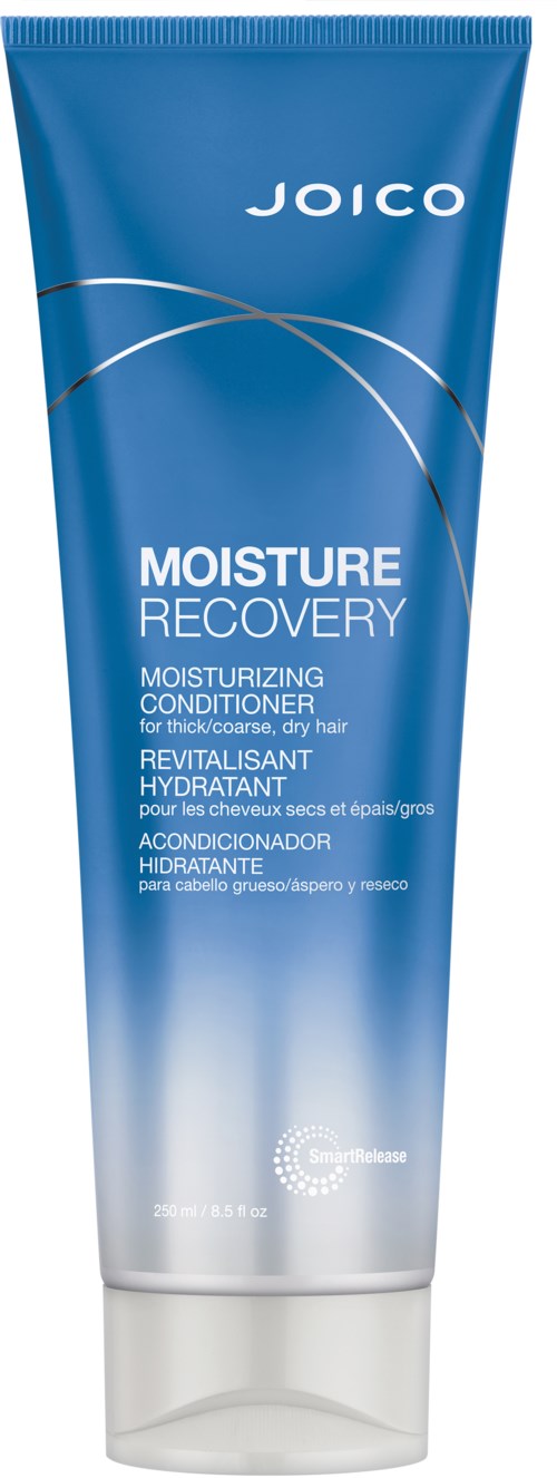 Blaue Tube mit Joico Moisture Recovery Conditioner für trockenes Haar. Hat weiße und silberne Text- und Designelemente.