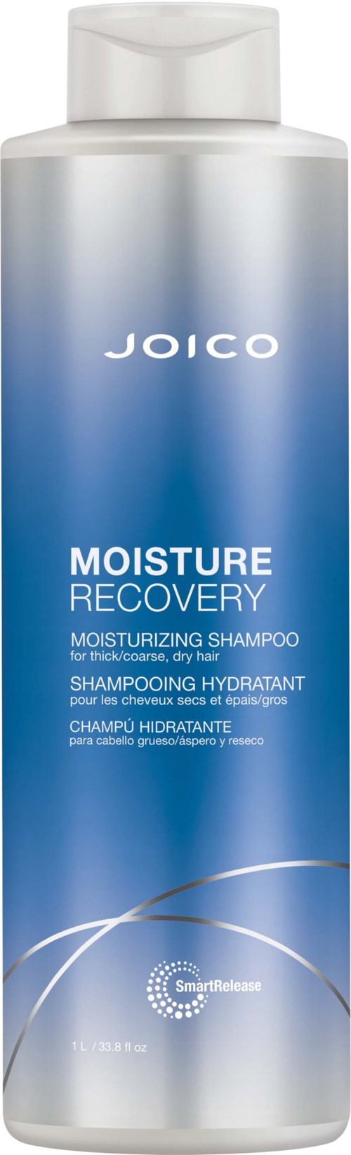 Sininen ja hopeinen pullo Joico Moisture Recovery kosteuttavan shampoon kanssa.