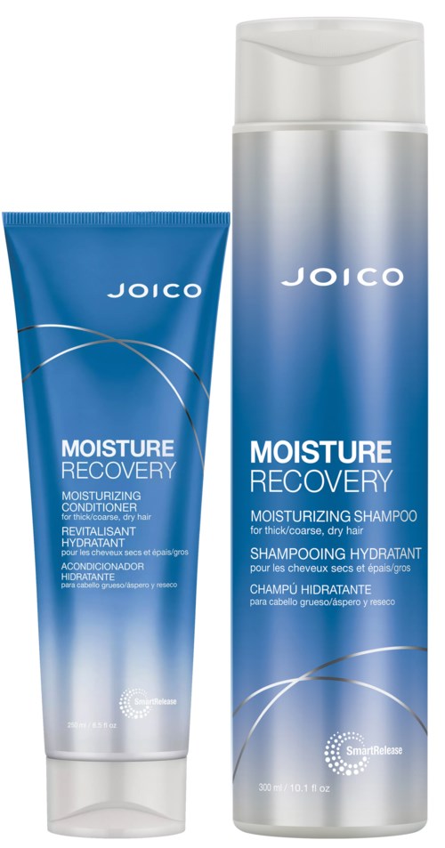 Two blue hair care products, one is shampoo and the other is conditioner, from Joico, for dry and damaged hair.