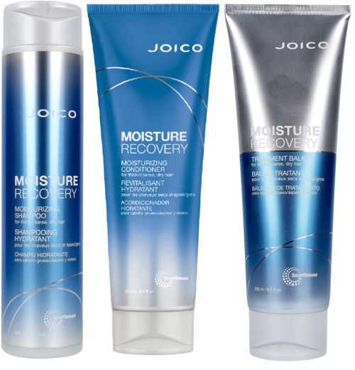 Drei Joico-Produkte: ein Shampoo, eine Feuchtigkeitscreme und ein Behandlungsbalsam für die Haarpflege.