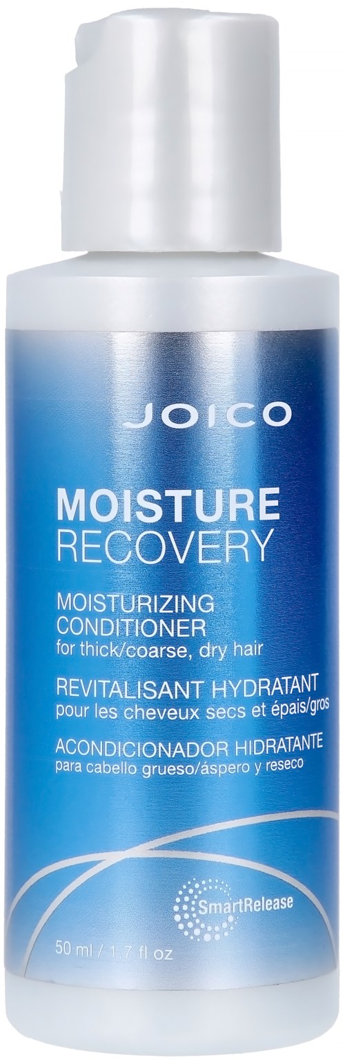 Eine blaue und weiße Flasche mit Joico Moisture Recovery feuchtigkeitsspendender Conditioner für dickes oder trockenes Haar.