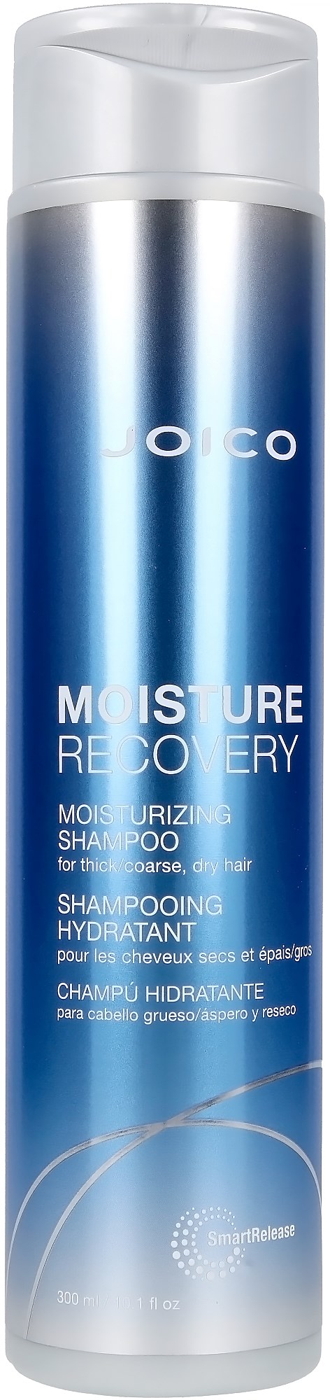 Eine lange, blaue Dose mit weißen Deckel für Feuchtigkeitsregeneration Shampoo.