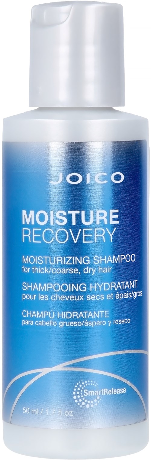 Eine weiße und blaue Flasche mit Joico Moisture Recovery Shampoo für dickes, grobes oder trockenes Haar.