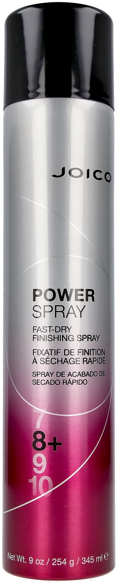 A tall silver and pink can with black cap, labeled Power Spray, by Joico, for fast-drying finish.