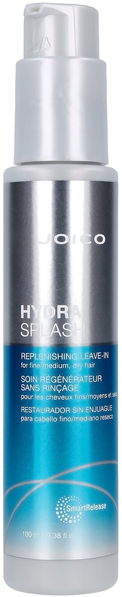 A tall, sleek silver and blue bottle of leave-in hair treatment with a pump top.
