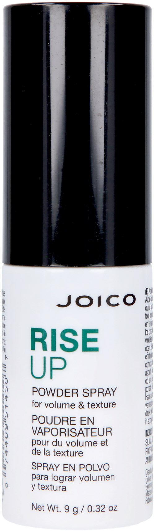Een zwart cilindervormige spuitfles met een witte label, met Joico Rise Up poeder spray voor haarvolume.