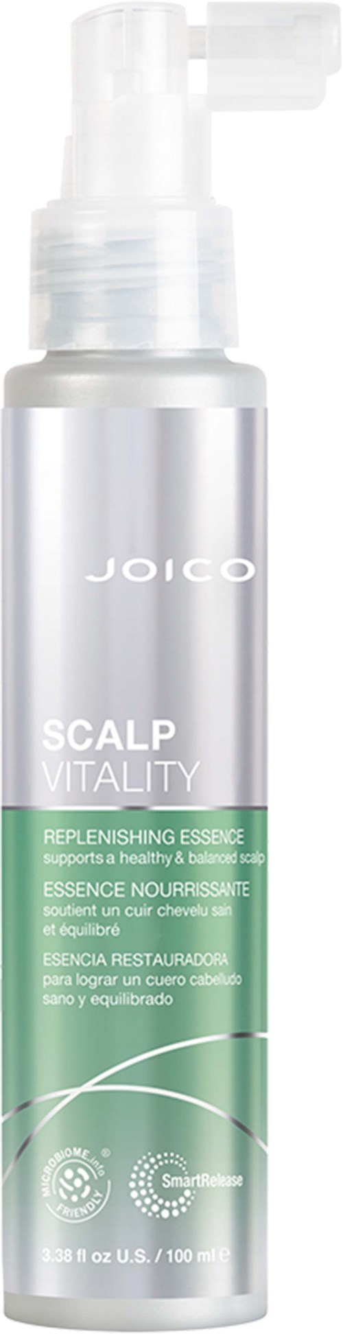 Läpinäkyvä suihkepullopaketti, jossa lukee 'Joico Scalp Vitality Replenishing Essence' hiustenhoitoon.