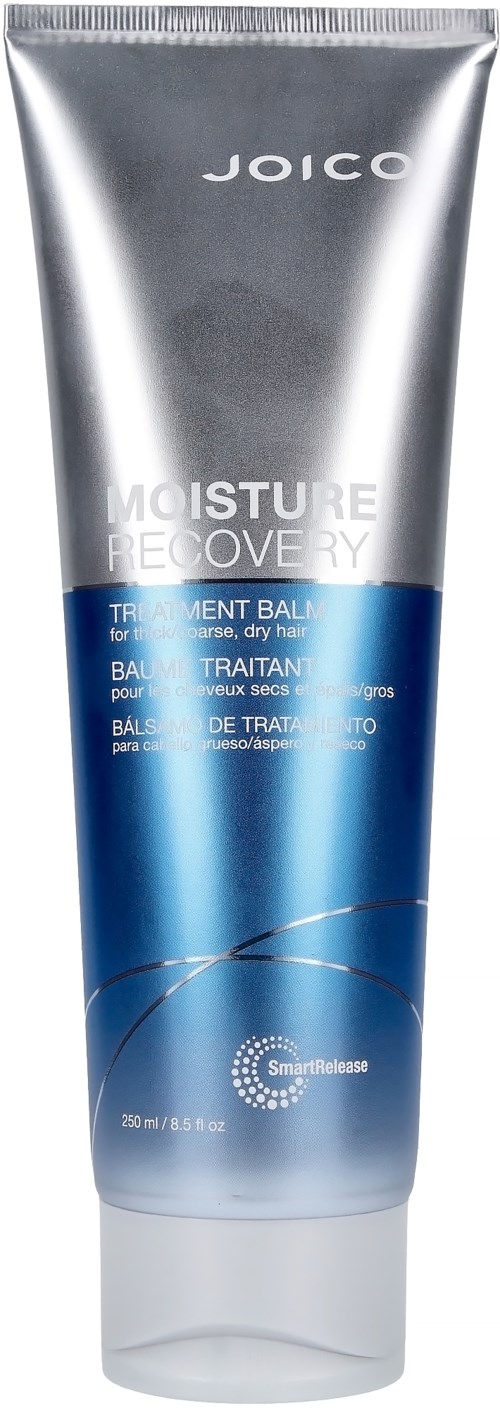 Een tube Joico Moisture Recovery haarconditioner voor droog, beschadigd haar met zilveren en blauwe ontwerp en witte dop.