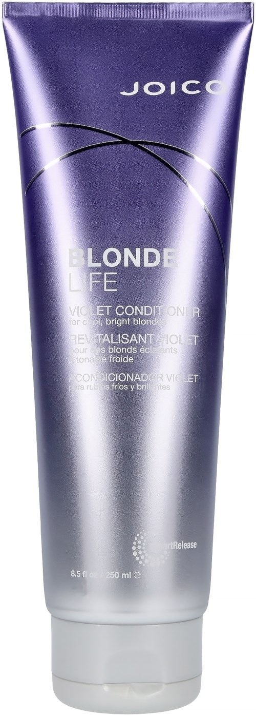 Eine lila Tube mit Joico Blonde Life Conditioner mit weißen Text und weißem Deckel.