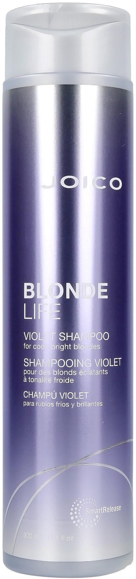 Eine lange Dose violetter Shampoo mit der Aufschrift "Blonde Life" von Joico. Sie hat einen klaren Deckel und glänzendes Etikett.