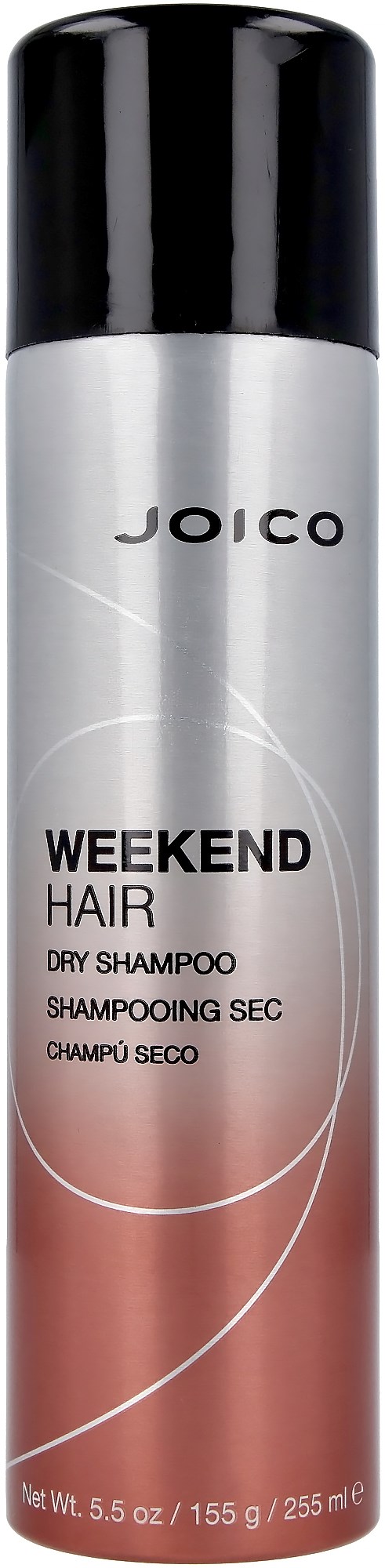 Eine Flasche Joico Weekend Hair Trockenshampoo mit schwarzen, weißen und rosafarbenen Farben und Produktinformationen.