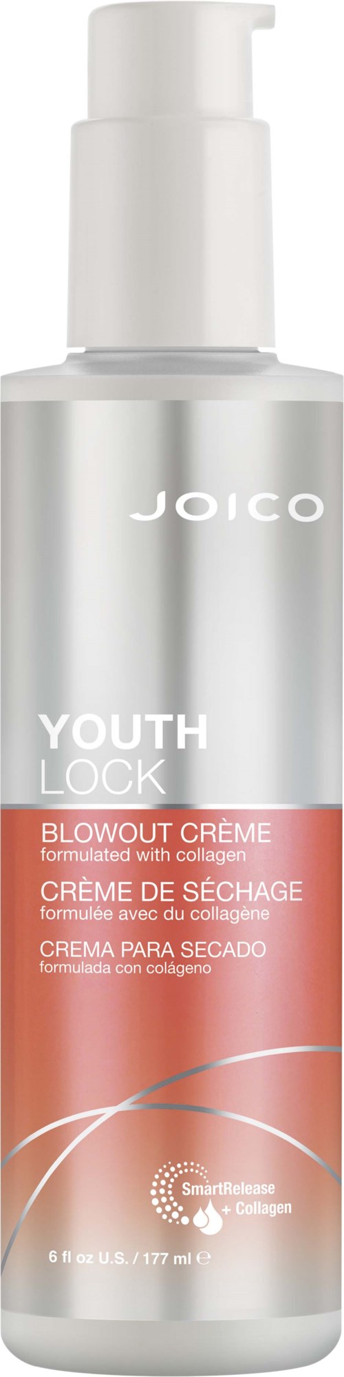 Een zilveren fles met witte pomp gelabeld 'Joico Youth Lock Blowout Crème' voor haarverzorging.