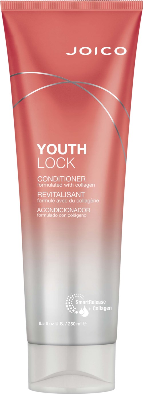 A pink and white tube of Joico Youth Lock Conditioner with collagen written on it.