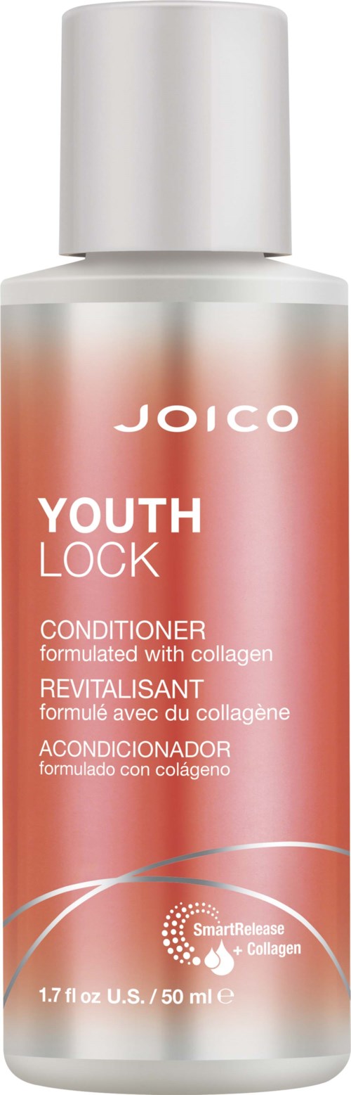 A bottle of JOICO Youth Lock conditioner with collagen, pink and white design, silver cap, and brand name on front.