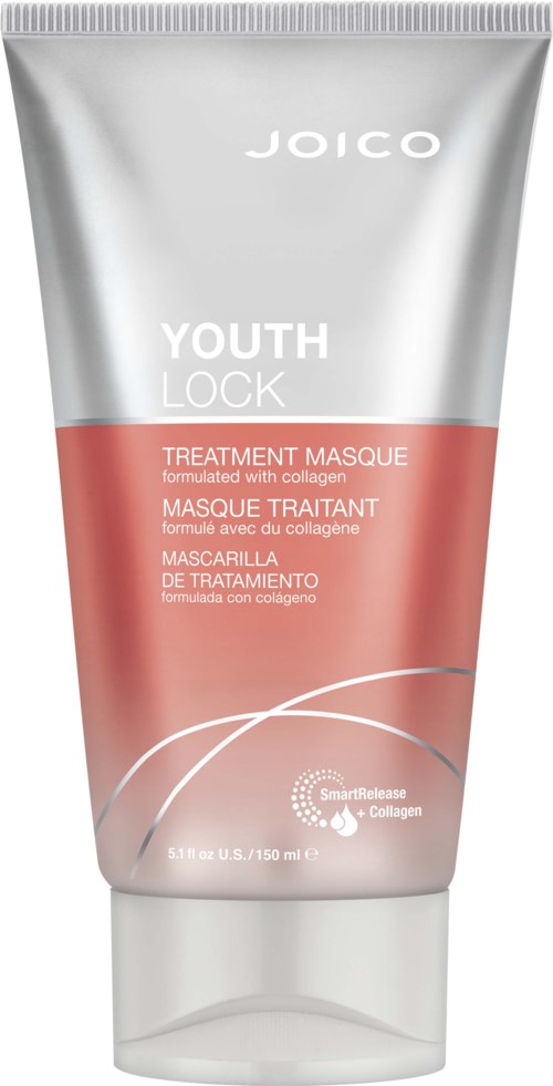 Eine Tube JOICO Youth Lock Treatment Masque in Silber und Pink, enthält Kollagen für die Haarpflege.