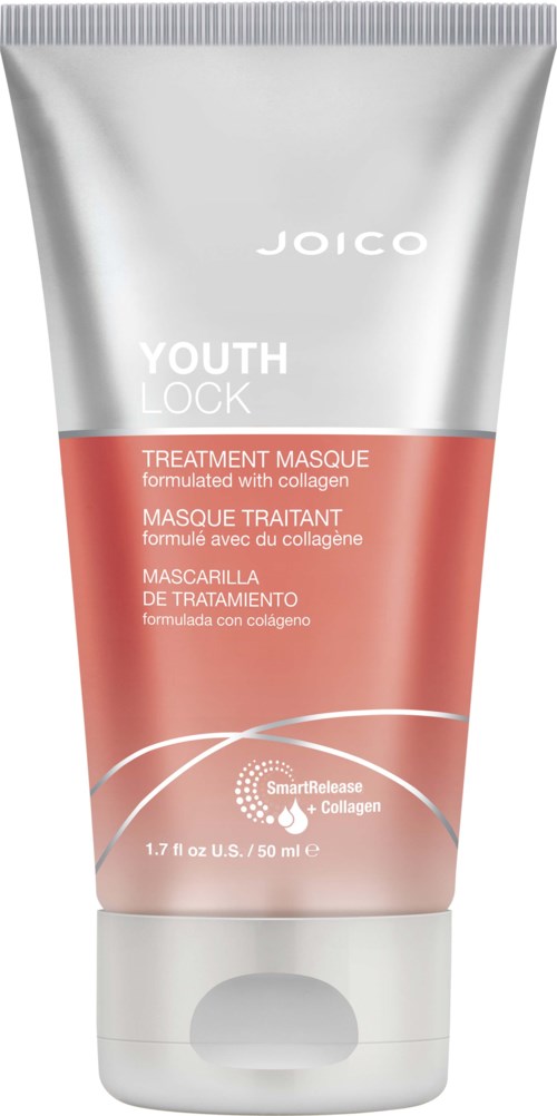 Een zilveren en roze tube van Joico Youth Lock Treatment Masque met collageen, 50 ml, voor haarverzorging.