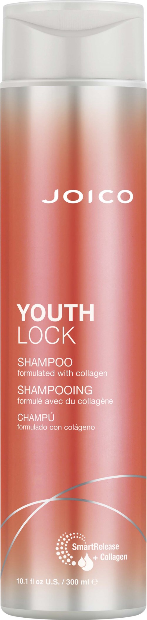 Eine lange, rosa und weiße Flasche mit Joico Youth Lock Shampoo mit silberner Kappe.